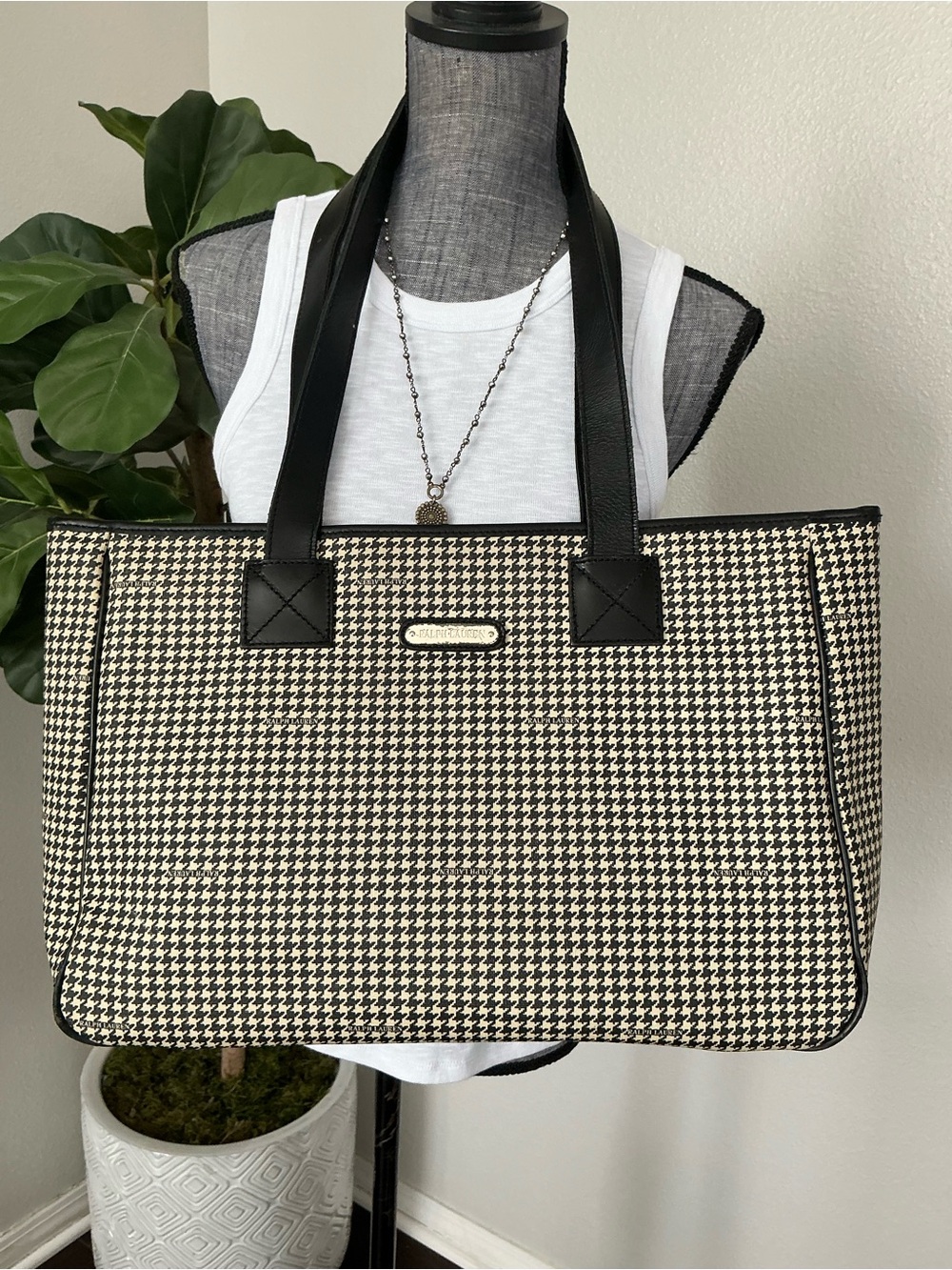 Ralph Lauren Black & Cream Houndstooth Tote Bag with Black Handles